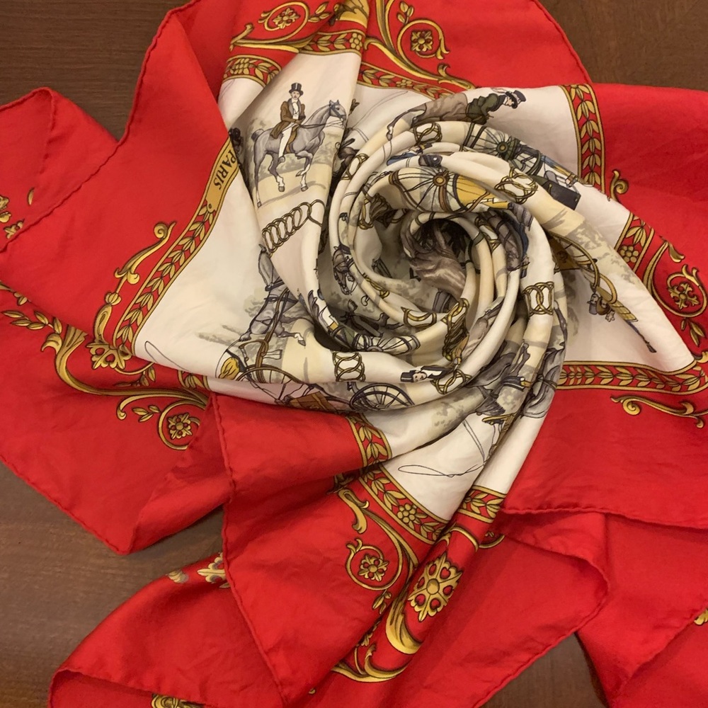 Vintage Hermès Silk scarf la Promenade de Longchamps red gold and off white